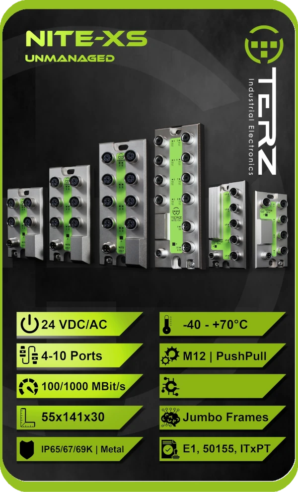 NITE-XS robuster M12 Industrial Ethernet Switch NITE-XS M12 Industrial Ethernet Switch - IP65/67 feldtauglich, 5 Ports, DIN EN 50155 bahnzugelassen, -40°C bis +70°C