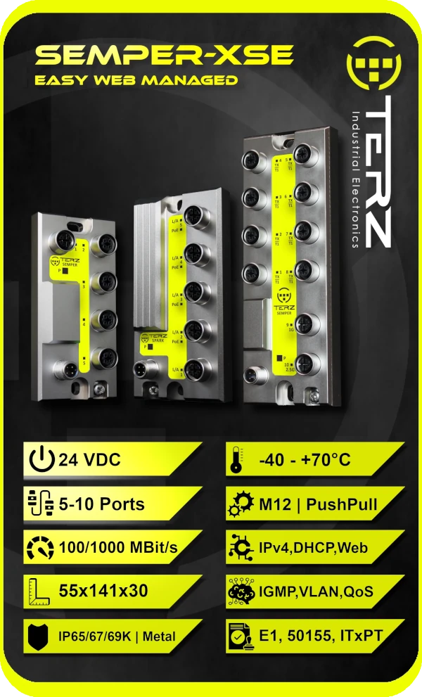 SEMPER-XS Web-Managed Industrial Switch SEMPER-XS Web-Managed M12 Switch - Easy Web-Management, IP65/67, VLAN/QoS/IGMP Snooping, bahnzugelassen