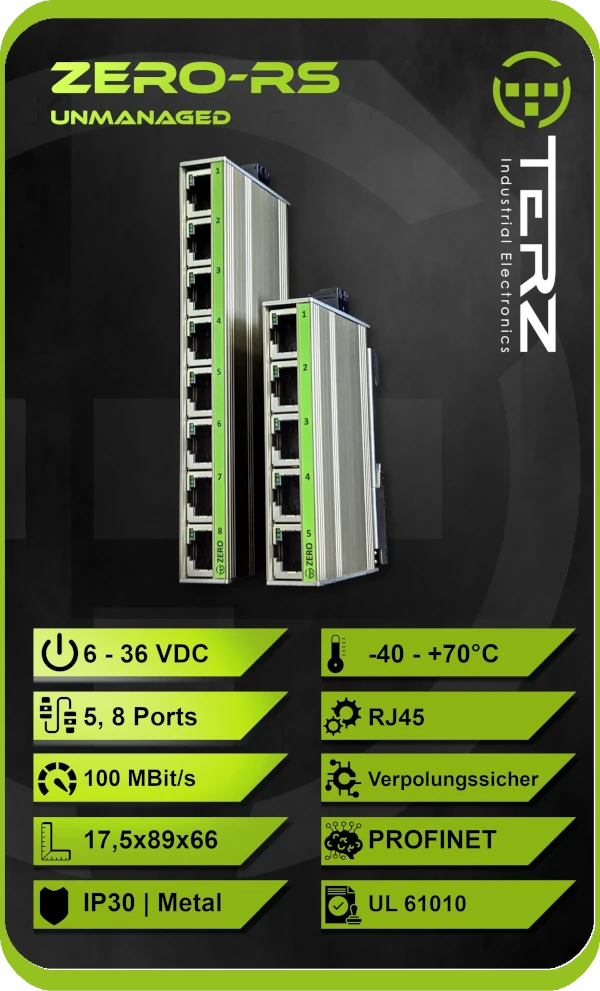 ZERO-RS kompakter Fast Ethernet Switch ZERO-RS Industrial Fast Ethernet Switch - 17,5mm ultraschmale Bauform für Hutschiene, 5/8 Ports, IP30 Metallgehäuse
